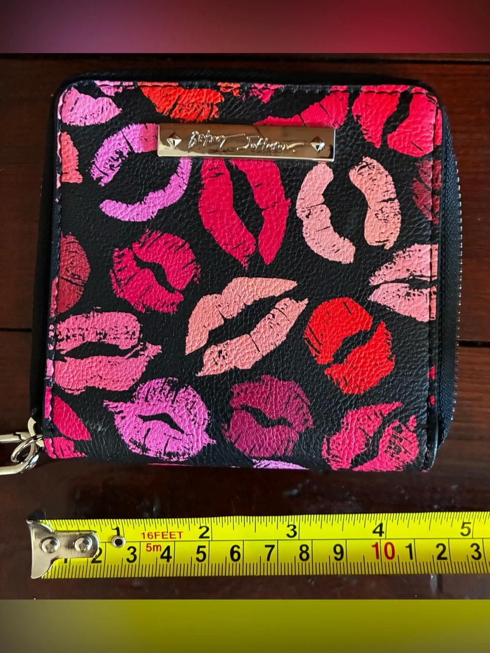 Betsey Johnson Black Wallet with Pink & Red Lip Print